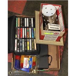 FLAT OF MISC VHS TAPES, DVD PLAYER, CASSETTES &