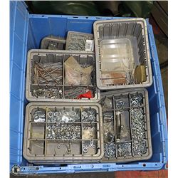 BLUE TOTE FULL OF LARGE ASSORTMENT OF HARDWARES