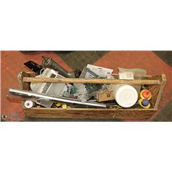 CARPENTERS BOX OF MISC TOOLS, & MORE