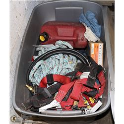 LARGE BIN WITH ASSORTED TOOLS, SLINGS, HARNESSES,