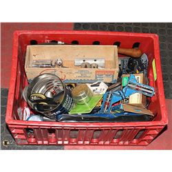 LARGE RED PLASTIC CRATE FULL OF TOOLS &