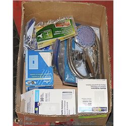 BOX OF WALL PLATES, SHOWER HEAD, TITLE SPACERS,