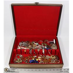 WOOD BOX FILLED WITH ESTATE COSTUME JEWELLERY