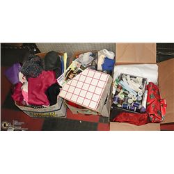 3BOXES OF ASSORTED FABRICS, NOTIONS & CUTTING MAT