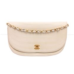 Chanel Vintage White Lambskin Leather Crescent Flap Shoulder Bag