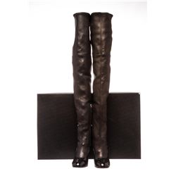 Chanel Black Leather Thigh-High Pearl Heel Boots Heels 38.5