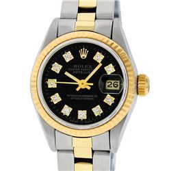 Rolex Ladies 2 Tone Yellow Gold Black Diamond 26MM Datejust Wristwatch