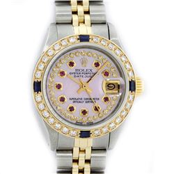 Rolex Ladies 2 Tone Yellow Gold Pink MOP Ruby & Sapphire Datejust Wriswatch