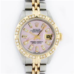 Rolex Ladies 2 Tone Yellow Gold Pink Mother Of Pearl Pyramid Diamond Datejust Wr