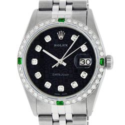 Rolex Mens Stainless Steel Black Diamond & Emerald Datejust Wristwatch