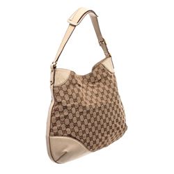 Gucci Tan Brown GG Canvas Leather Trim Horsebit Hobo Bag