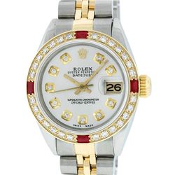 Rolex Ladies 2 Tone Yellow Gold Silver Diamond & Ruby Datejust Wristwatch