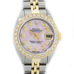 Rolex Ladies 2 Tone Yellow Gold Pink MOP Diamond Datejust Wristwatch