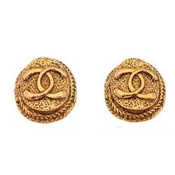 Chanel Vintage Gold CC Logo Oval Disc Medallion Clip On Earrings