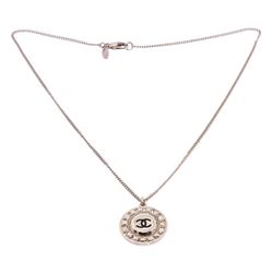 Chanel Silver Tone CC Round Charm Rhinestone Pendant Necklace
