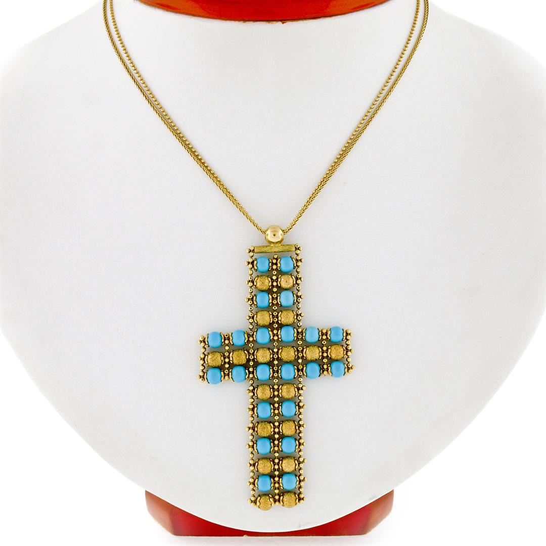 18k Yellow Gold Flexible Movable Turquoise Bead Cross Pendant Chain