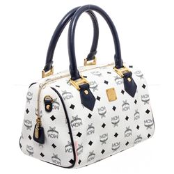 MCM Navy & White Vintage Visetos Coated Canvas Leather Boston Bag