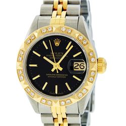 Rolex Ladies 2 Tone Yellow Gold Black Index & Pyramid Diamond Datejust Wriswatch