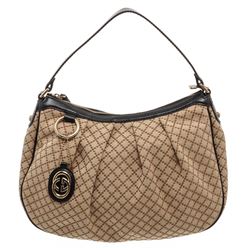 Gucci Brown Diamante Canvas Black Leather Shoulder Hobo Bag