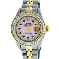 Rolex Ladies 2 Tone Yellow Gold Pink MOP Sapphire String Diamond Datejust Wristw