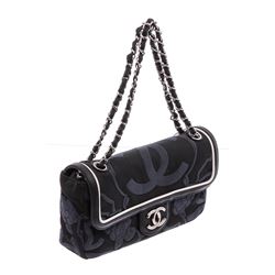 Chanel Black Canvas White Leather Trim Camellia Embossed Flap Shoulder Bag