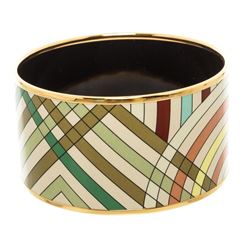 Hermes Beige Multicolor Enamel Gold Plated Extra Wide Bangle Bracelet