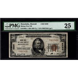 1929 $50 Honolulu National Bank Note PMG 25