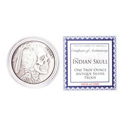 United Snakes of America Indian Skull 1 oz Antique Silver Proof Round w/COA