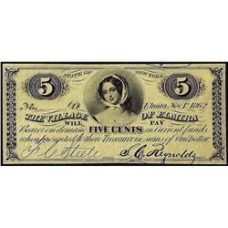 November 1, 1862 Five Cents Village of Elmira State of New York Obsolete Note