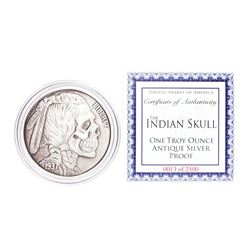United Snakes of America Indian Skull 1 oz Antique Silver Proof Round w/COA