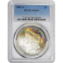 1881-S $1 Morgan Silver Dollar Coin PCGS MS64 Amazing Toning