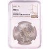 Image 1 : 1922 $1 Peace Silver Dollar Coin NGC MS65