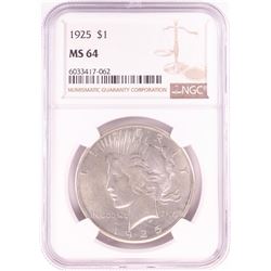 1925 $1 Peace Silver Dollar Coin NGC MS64