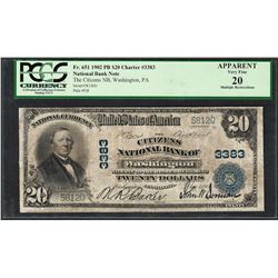 1902PB $20 Washington, PA CH# 3383 National Currency Note PCGS Very Fine 20 Apparent