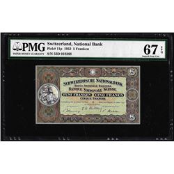 1952 Switzerland 5 Franken Note Pick# 11p PMG Superb Gem Uncirculated 67EPQ