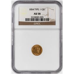 1854 Type 1 $1 Liberty Head Gold Dollar Coin NGC AU58