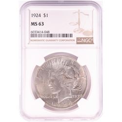 1924 $1 Peace Silver Dollar Coin NGC MS63