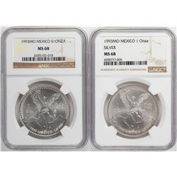 Lot of (2) 1993 MO Mexico Libertad 1 Onza Silver Coins NGC MS68