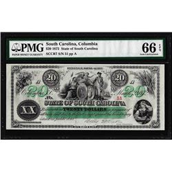 1872 $20 State of South Carolina Obsolete Note PMG Gem Unc. 66EPQ Low Serial Number