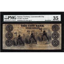 1856 $3 The City Bank Leavenworth City, KT Obsolete Note PMG Choice Very Fine 35