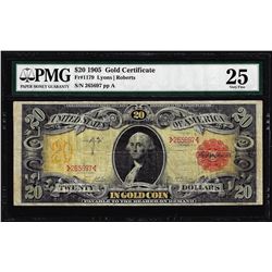 1905 $20 Technicolor Gold Certificate Note Fr.1179 PMG Very Fine 25