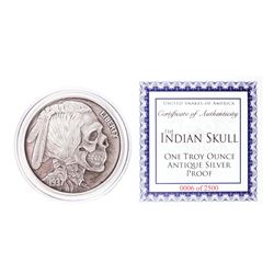 United Snakes of America Indian Skull 1 oz Antique Silver Proof Round w/COA
