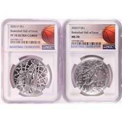 Lot of (2) 2020 P $1 Basketball Hall of Fame Silver Coin NGC MS/PF70