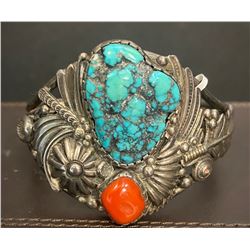 1960's T. Curtis Sr. Spider Web Kingman Turquoise and Coral Bracelet