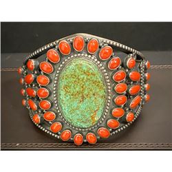 Terry Martinez Green Spider Web Turquoise and Coral Bracelet Cuff