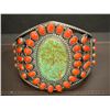Image 1 : Terry Martinez Green Spider Web Turquoise and Coral Bracelet Cuff