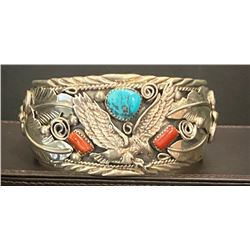Coral, turquoise and Silver Bracelet by Allen Chee for Running Bear Shop