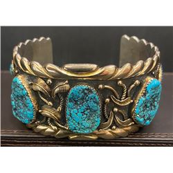 Gold Overlay Bracelet with 5 Turquoise stones by Andy Lee Kirk Isleta and Navajo Artist