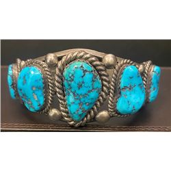 Heavy Morenci Turquoise Bracelet Sterling 1960's 7 nuggets