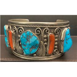 William Singer Coral and Kingman Turquoise Bracelet